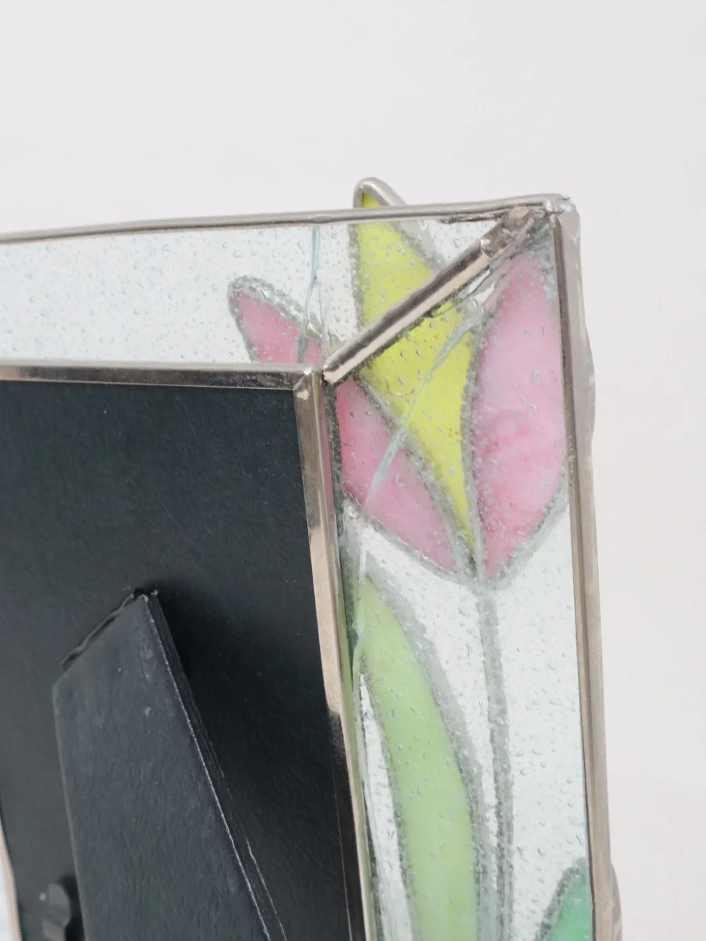 Handcrafted Stained Glass Tulip Picture Frame with Pink and yellow petals 6¾x8”